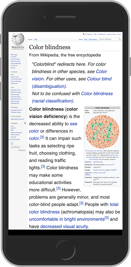 Screenshot of the article color blindness on Wikipedia, showing blue links without underline.